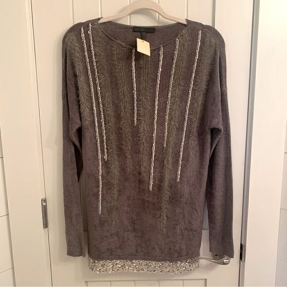 NWT Diktons Barcelona Long Sleeve Cozy Sweater Beaded Detail, Gray, Size 6 - Picture 1 of 13